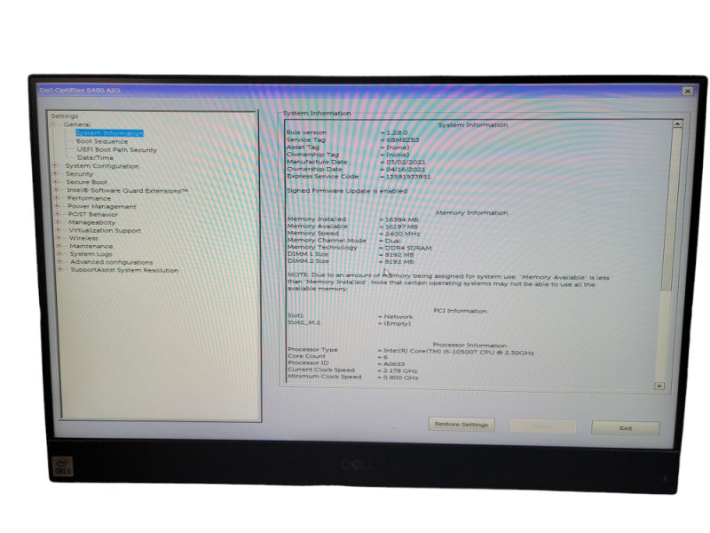 Dell Optiplex 5480 AIO 23.8\\" FHD i5 -10500T CPU @ 2.30GHz 16GB DDR4 Ram QÎ¸