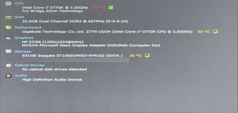 Custom PC/GIGABYTE GA-Z77X-UD3H w/ i7-3770K 3.50GHz, 32GB DDR3, 1TB HDD