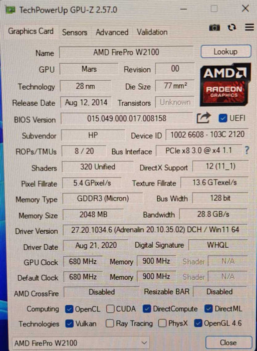 AMD FirePro W2100 | 2GB DDR3 Graphics Card, High Profile | 2x DisplayPort