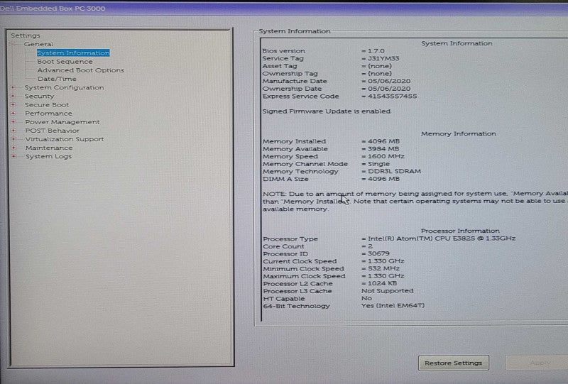 Dell Embedded Box PC 3000 Atom E3825 1.33Ghz 8GB 64GBSSD w/ Power Adapter  _