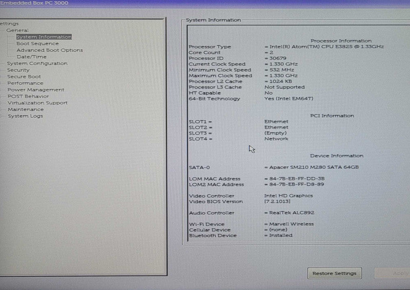 Dell Embedded Box PC 3000 Atom E3825 1.33Ghz 8GB 64GBSSD w/ Power Adapter  _
