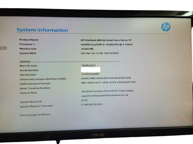 HP EliteDesk 800 G6 SFF Intel i5 -10500 CPU @ 3.10GHz 16GB DDR4 Ram Î¸