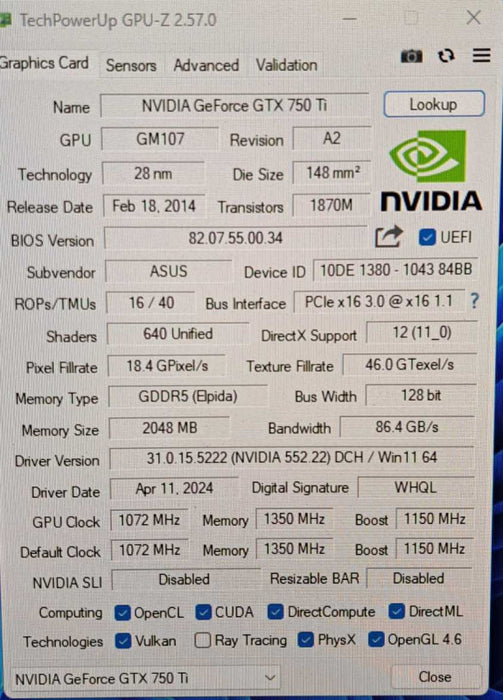 ASUS NVIDIA GeForce GTX 750Ti | 2 GB Graphics Card | HDMI DVI VGA
