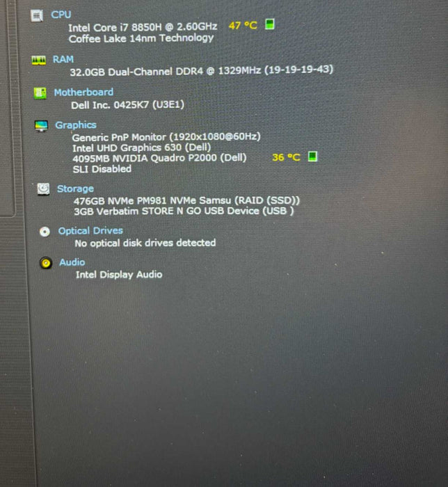Dell Precision 7530 i7-8850H@2.6GHzQUADRO P2000 4GB GPU 32GB RAM 512GB SSD  Lap200