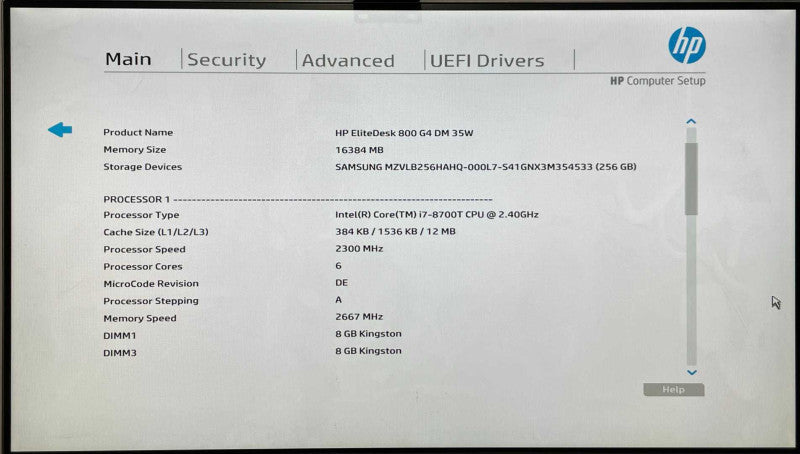 HP EliteDesk 800 G4 USFF, i7-8700T 2.40GHz, 16GB DDR4, 256GB Nvme, WiFi