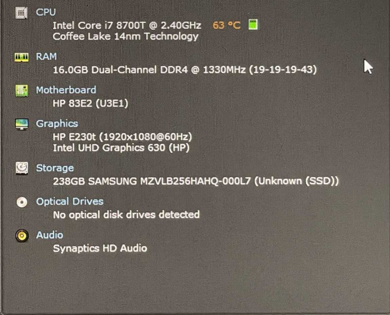 HP EliteDesk 800 G4 USFF, i7-8700T 2.40GHz, 16GB DDR4, 256GB Nvme, WiFi