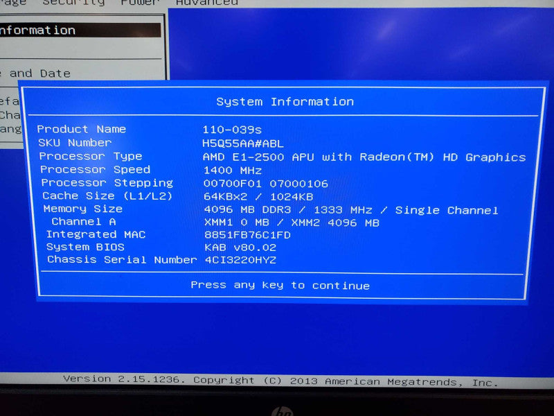HP 110-039s Tower Desktop AMD E1-2500 4GB RAM NO HDD @