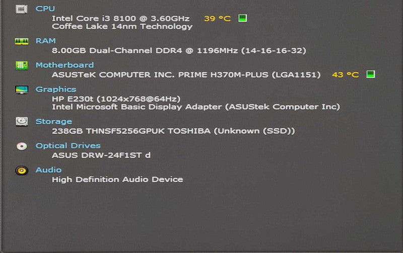 Custom PC/ASUS Prime H370M-PLUS, i3-8100 3.60GHz, 8GB DDR4, 256GB Nvme