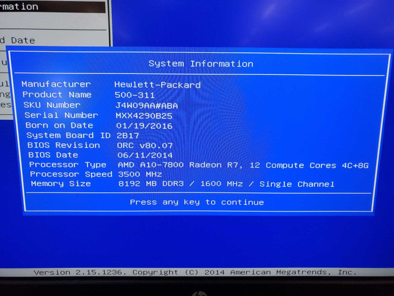 Hp Pavilion 500-311 Tower Desktop AMD A10-7800 8GB RAM NO HDD @
