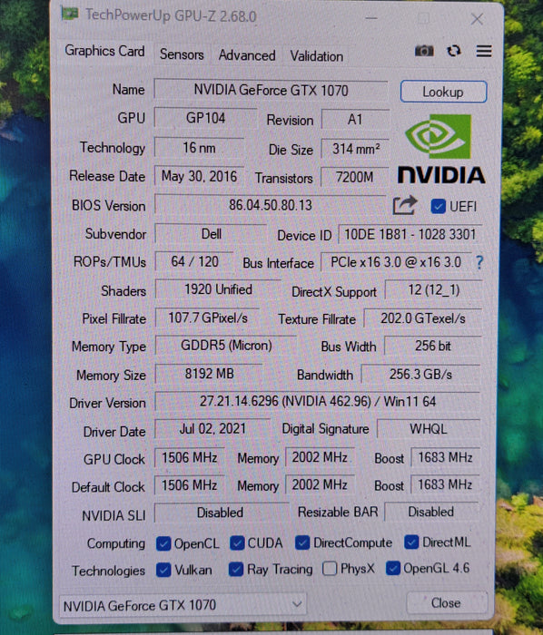 Dell NVIDIA GeForce GTX 1070 8GB GDDR5 Graphics Card