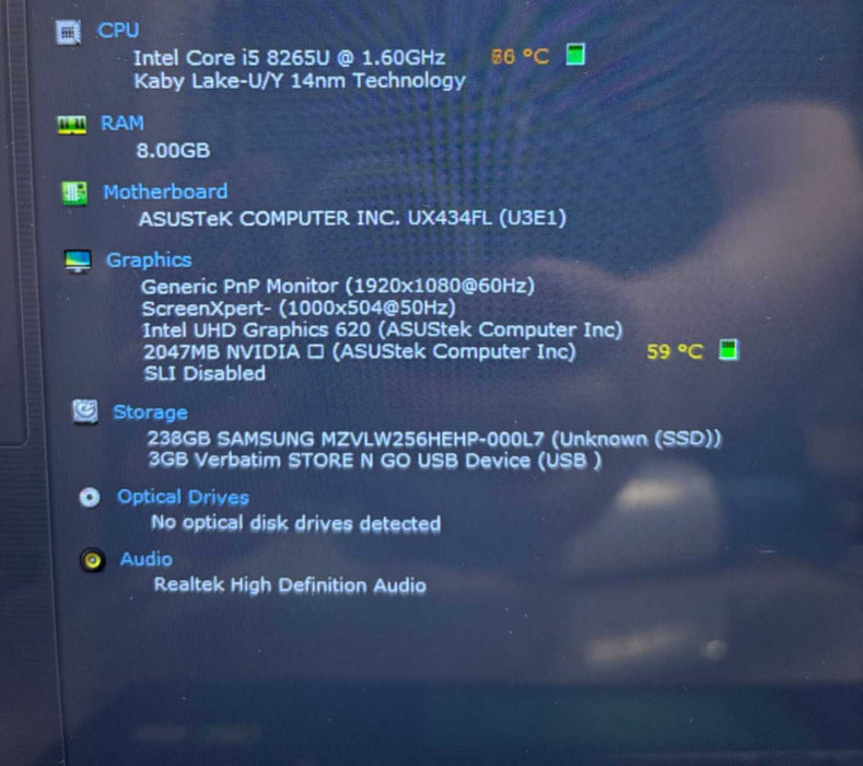 Asus ZenBook UX434FL i5-8265U MX250 GPU 8GB 256SSD No Power Adapter READ  Lap200