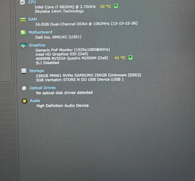 Dell Precision 7510 i7-6820HQ@2.7GHz QUADRO M2000M 4GB GPU 16GB 256SSD READ  Lap200