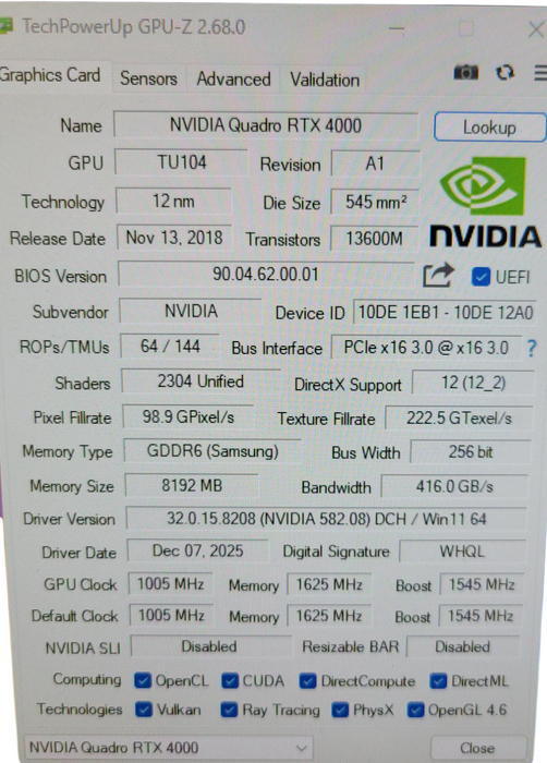 NVIDIA QUADRO RTX 4000 8GB GDDR6 PCIE