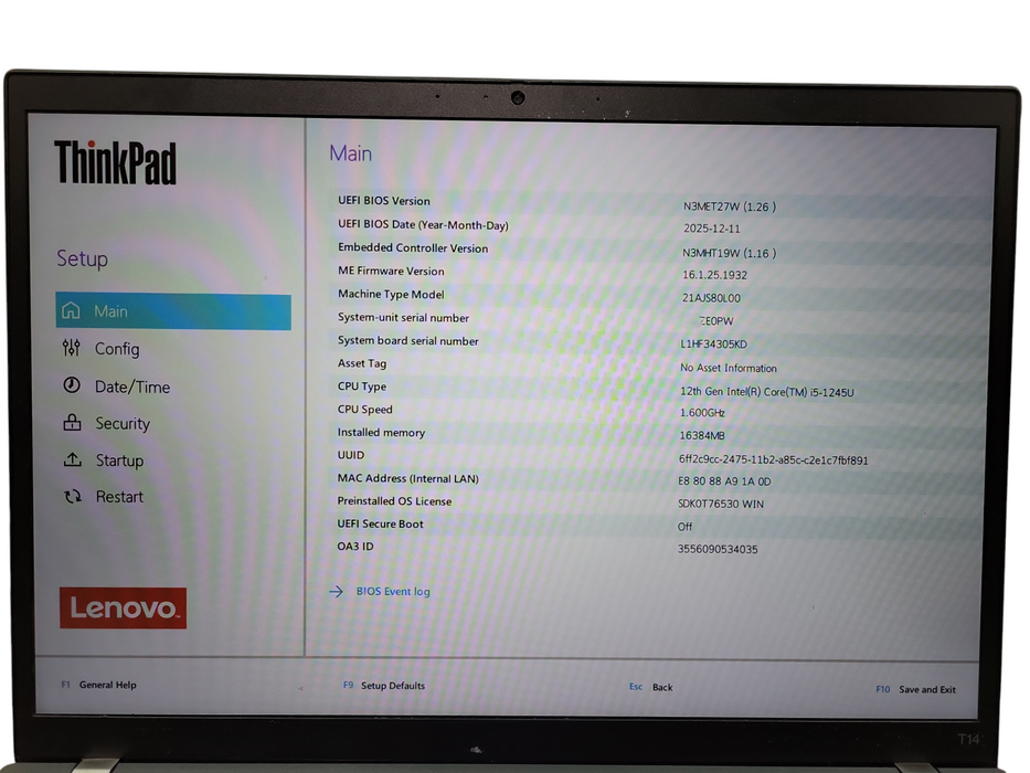 Lenovo ThinkPad T14 Gen 3 | Intel Core i5-1245U, 16GB DDR4, 256GB NVMe READ