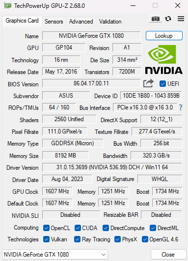 Asus GeForce GTX 1080 8GB GDDR5X Graphics Card TURBO-GTX1080-8G HDMI DP