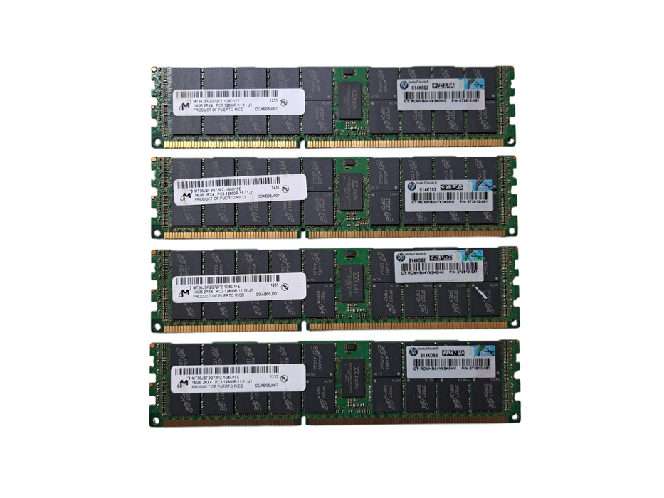 Lot of 4x Micron 16GB 2RX4 PC3-12800R DDR3 Server Memory