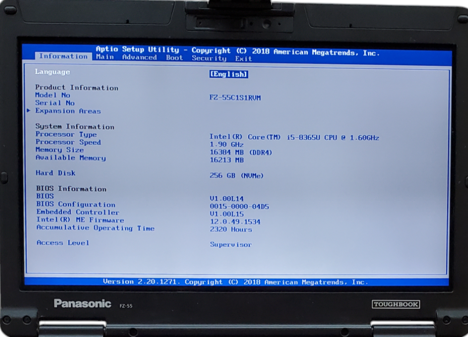 Panasonic Toughbook FZ-55 Touch Intel Core i5-8365U, 16GB, 256GB NVMe 2320HRs