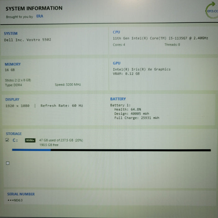 Dell Vostro 5502 i5-1135G7 16GB DDR4 256GB NVMe
