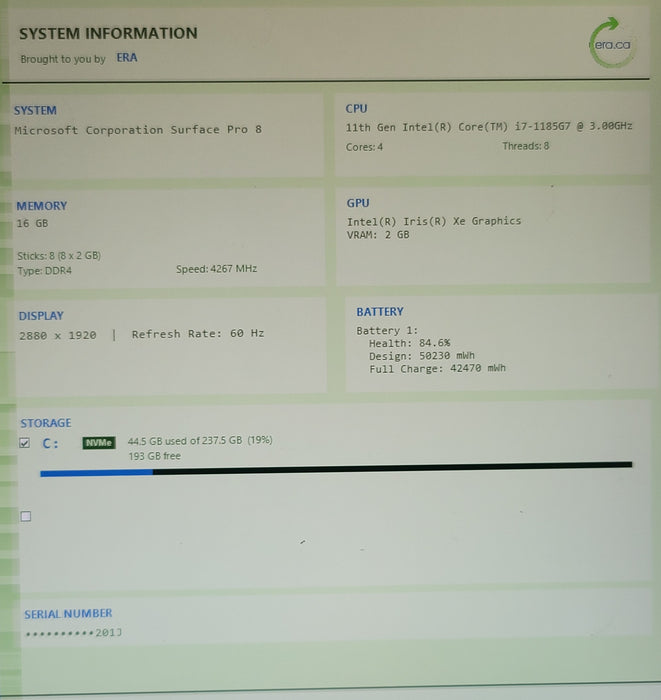 Microsoft Surface Pro  8 1983 i7-1185G7 16GB DDR4 256GB NVMe