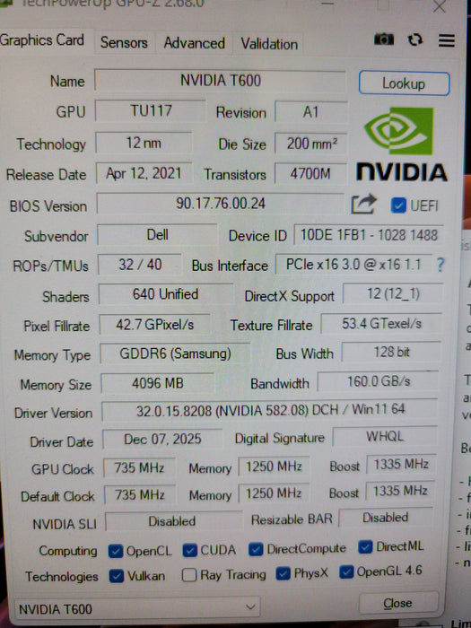NVIDIA QUADRO T600 4GB PCIE