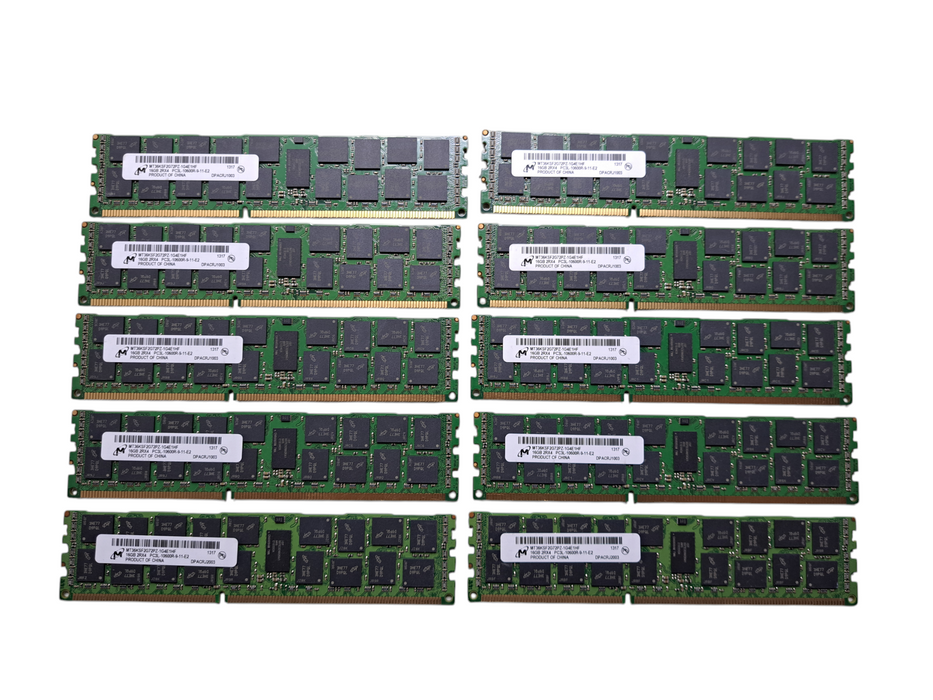 Lot of 10x Micron 16GB 2RX4 PC3L-10600R-9-11-E2 DDR3 Server Memory