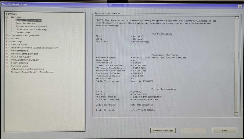Dell Optiplex 3050 SFF, Core I5-7500 3.4GHz, 8GB DDR4, 256GB Nvme
