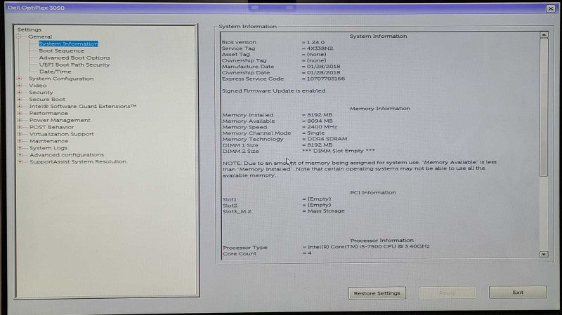 Dell Optiplex 3050 SFF, Core I5-7500 3.4GHz, 8GB DDR4, 256GB Nvme
