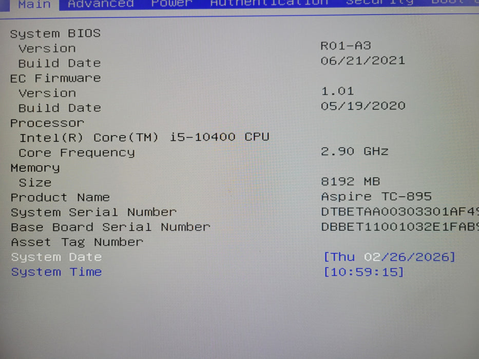 Acer Aspire TC-895-ES11 - Intel Core i5-10400, 8GB DDR4, 256GB NVMe