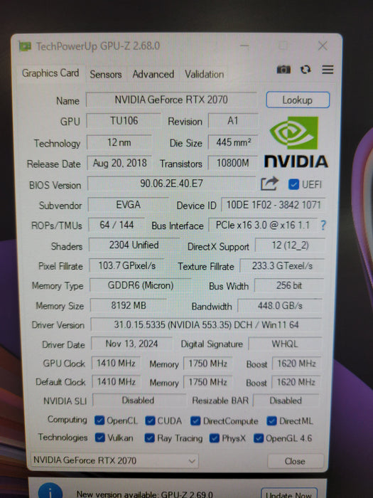 EVGA GeForce RTX 2070 8GB GDDR6 Graphics Card
