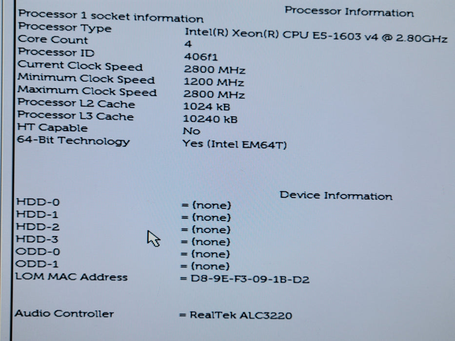 Dell Precision T5810 - Xeon E5-1603 v4 32GB DDR4 NO HDD 425W PSU