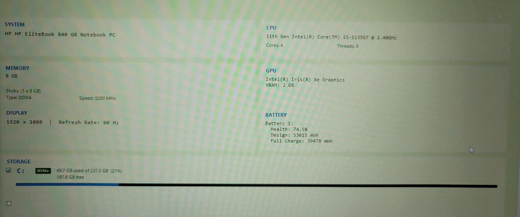 HP EliteBook 840 G8 i5-1135G7 16GB DDR4 256GB NVMe READ