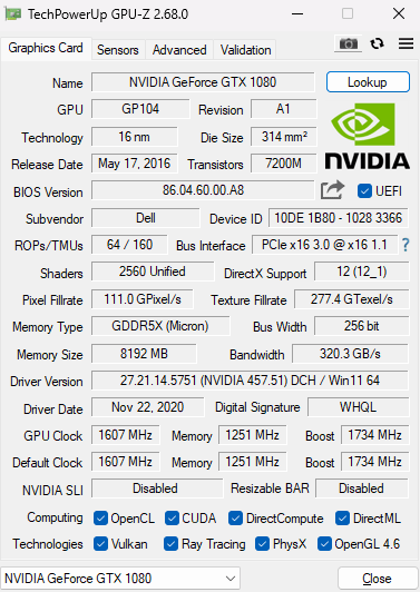 Nvidia GeForce GTX 1080 8GB GDDR5X Graphics Card