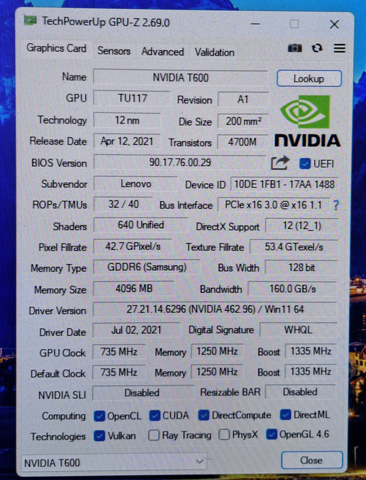 NVIDIA Quadro T600 4GB GDDR6 Graphics Card Low Profile
