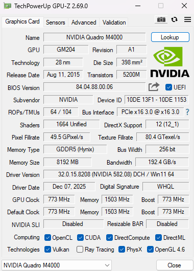 NVIDIA Quadro M4000 8GB GDDR5 Graphics Card - 4xDP