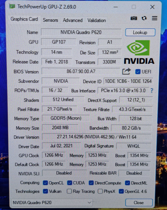 NVIDIA Quadro P620 2GB GDDR5 Graphics Card *No Bracket*