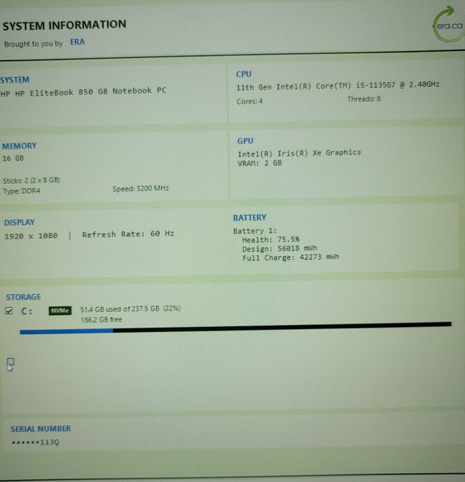 HP EliteBook 850 G8 i5-1135G7 16GB DDR4 256GB NVMe BIOS PWORD READ