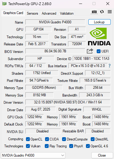 NVIDIA Quadro P4000 8GB GDDR5 Graphics Card