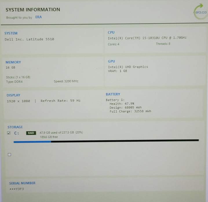 DELL Latitude 5510 i5-10310U 16GB DDR4 256GB SSD READ