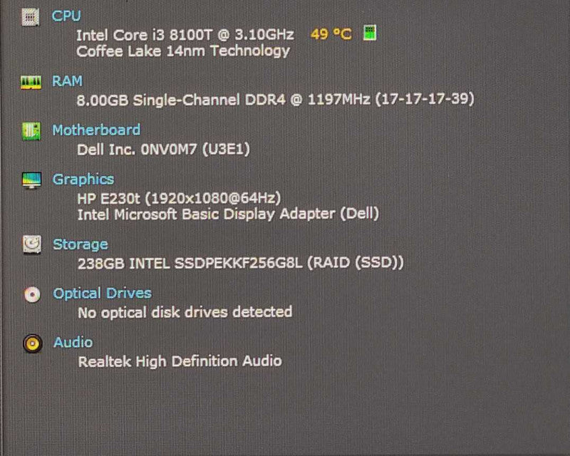 Dell OptiPlex 3060 USFF, i3-8100T 3.1GHz, 8GB DDR4, 256GB NVMe, WiFi