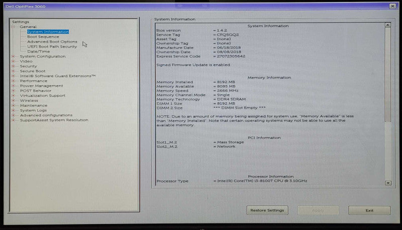 Dell OptiPlex 3060 USFF, i3-8100T 3.1GHz, 8GB DDR4, 256GB NVMe, WiFi