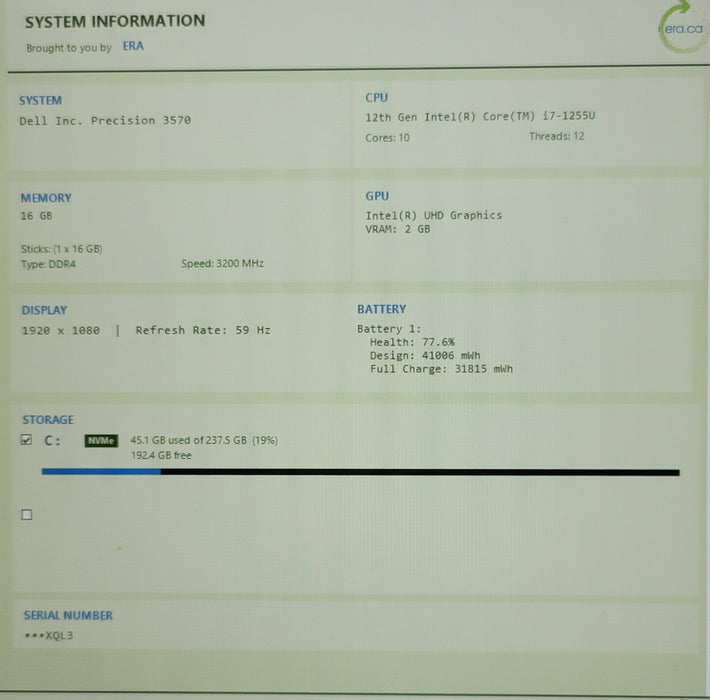 Dell Precision 3570 i7-1255U 16GB DDR4 256GB NVMe READ