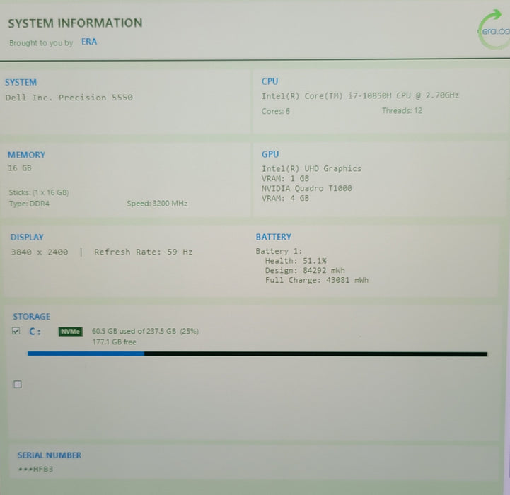 Dell Precision 5550 i7-10850H Quadro T1000 16GB DDR4 256GB NVMe 4K Touch