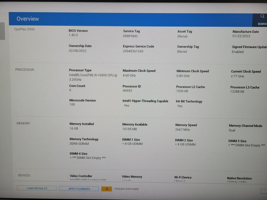 Dell OptiPlex 5090 i5-10505 @ 4.60GHz 16GB DDR4 256GB NVMe