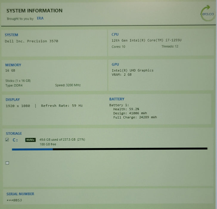 Dell Precision 3570 i7-1255U 16GB DDR4 256GB NVMe READ