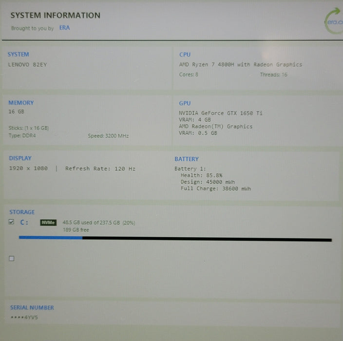 Lenovo IdeaPad Gaming 3 Ryzen 7 4800H 16GB DDR4 GTX 1650 Ti 256GB NVMe