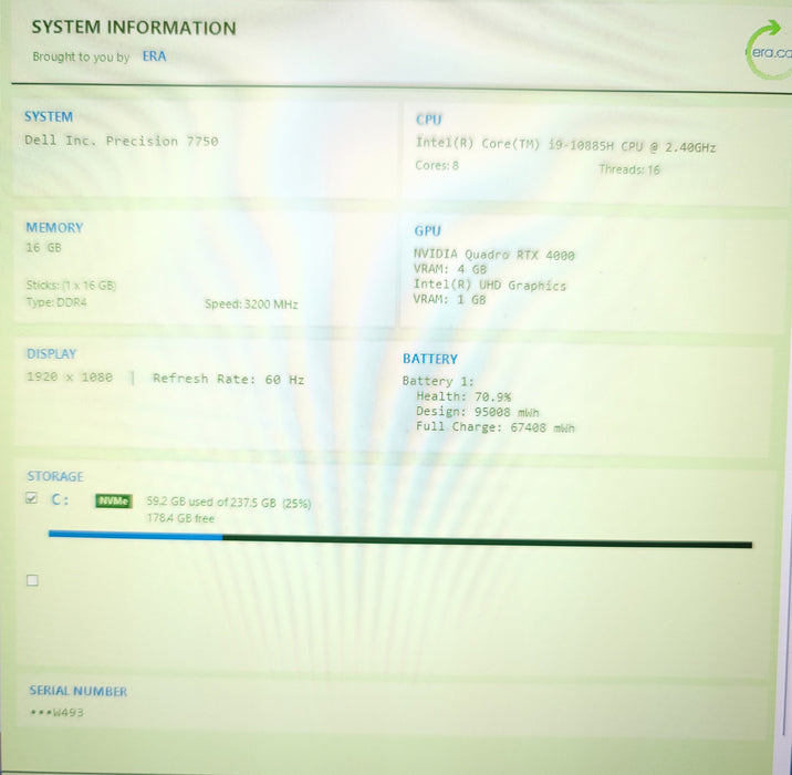 Dell Precision 7750 i9-10885H 16GB DDR4 RTX 4000 256GB NVMe READ