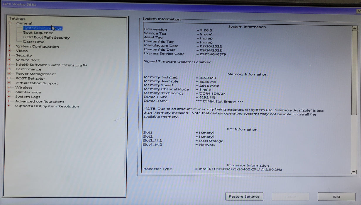 Dell Vostro 3681 - Core i5-10400 8GB DDR4 256GB NVMe