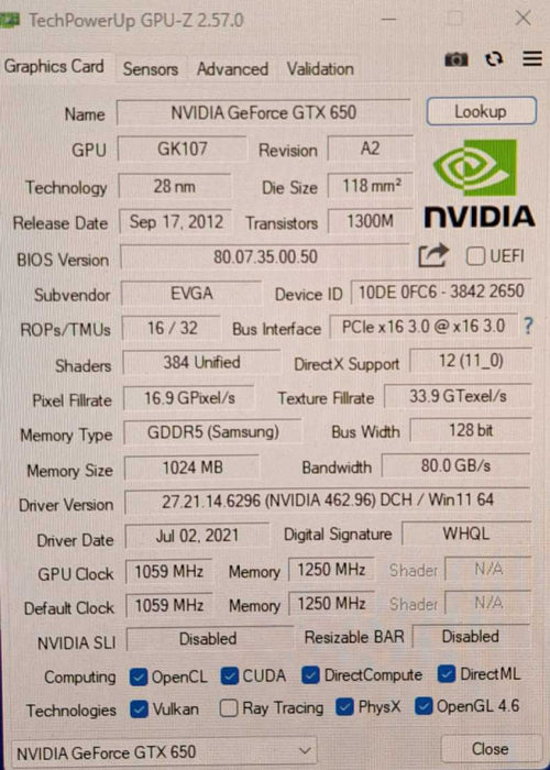 EVGA NVIDIA GeForce GTX 650 1GB GDDR5 Graphics Card 01G-P4-2650-KR