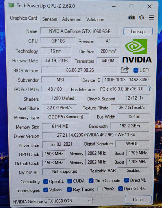 MSI NVIDIA GeForce GTX 1060 6GB LENOVO OEM Graphics Card