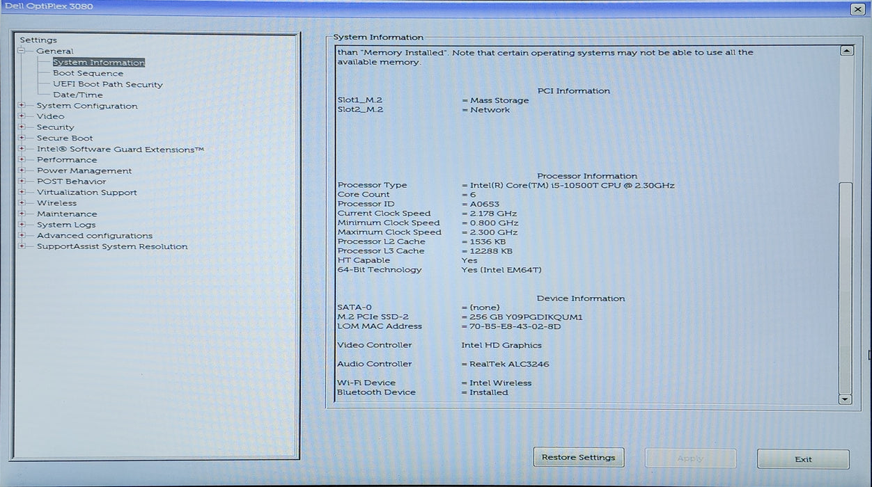 Dell OptiPlex 3080 Micro, i5-10500T 2.30GHz, 16GB DDR4, 256GB NVMe, 65W PWR